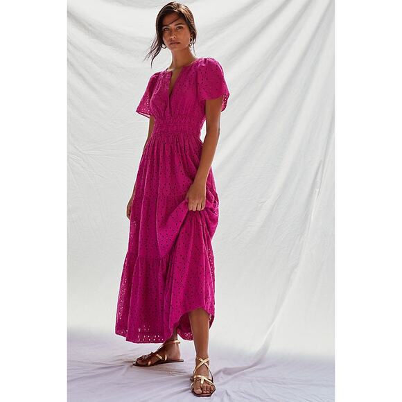 Maeve by Anthropologie Somerset Floral Eyelet Maxi Dress Size Medium Purple Pink - Picture 5 of 15